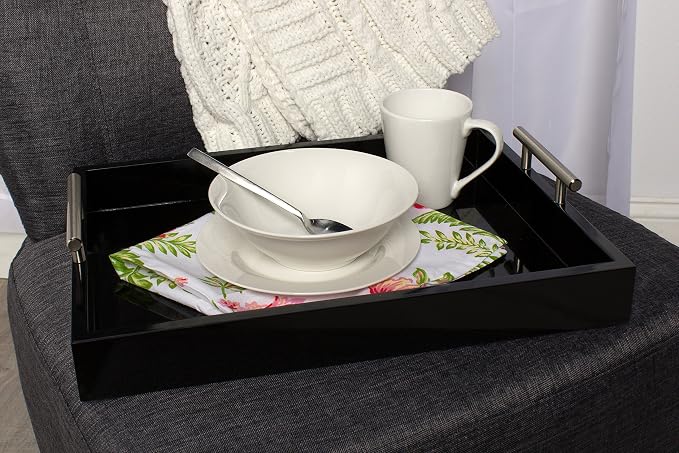 Kate and Laurel Lipton Decorative Tray with Polished Metal Handles, Black and Silver