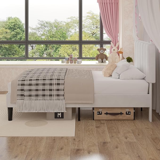 VECELO Twin Size Bed Frame with Upholstered Headboard, Velvet Platform Bedframe Mattress Foundation, Strong Wood Slat Support, No Box Spring Needed,White