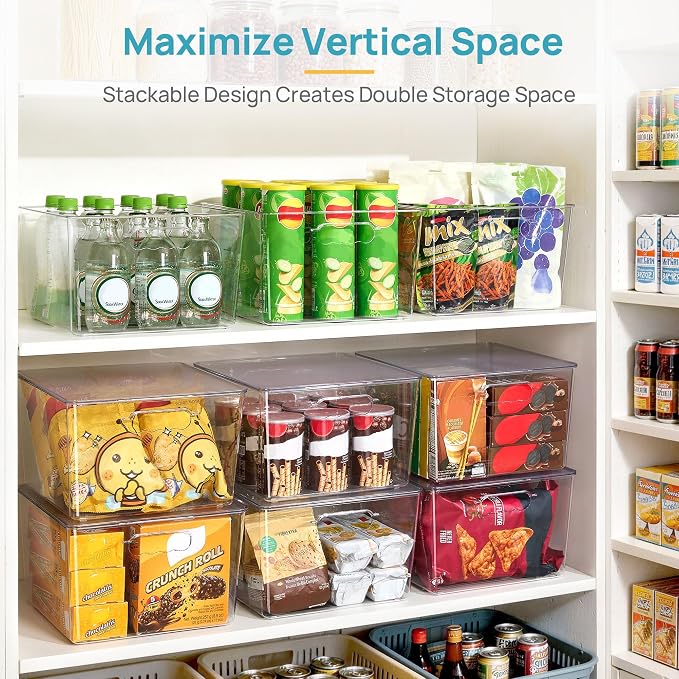 Vtopmart 4 Pack Extra Large Clear Stackable Storage Bins with Lids, 11inch Organizer Bins with Handle for Onions and Potatoes, Plastic Containers for Pantry, Freezer, Kitchen, Closet Organization