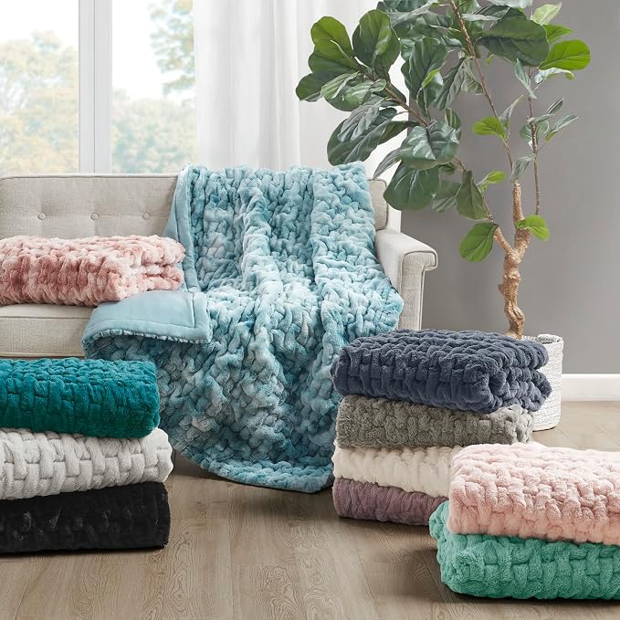Madison Park Ruched Fur Throw Faux Fur Blanket for Sofa, 50" x 60", Aqua | Luxury, Premium, Soft Cozy Brushed Long Pile, All Season Plush Modern OEKO- TEX Certification Warm For Bed, Couch or Sofa