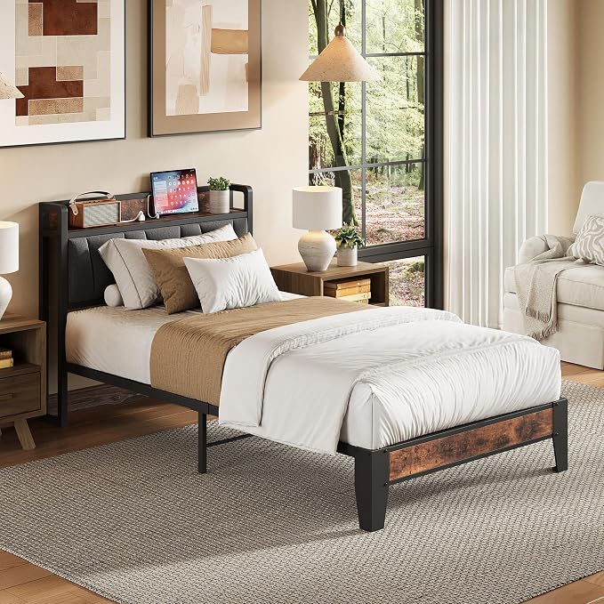 LIKIMIO Twin Bed Frames, Storage Headboard with Charging Station, Solid and Stable, Noise Free, No Box Spring Needed, Easy Assembly