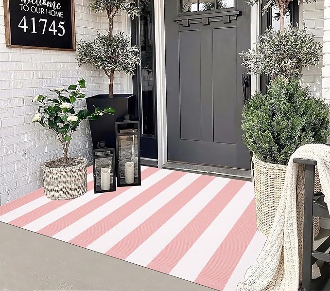 3'x5' Outdoor Rug, Washable Pink and White Striped Porch Rug Cotton Woven Farmhouse Front Door Mats for Porch/Entryway/Home Entrance Decor/Bedroom/Laundry Room/Patio/Front Door