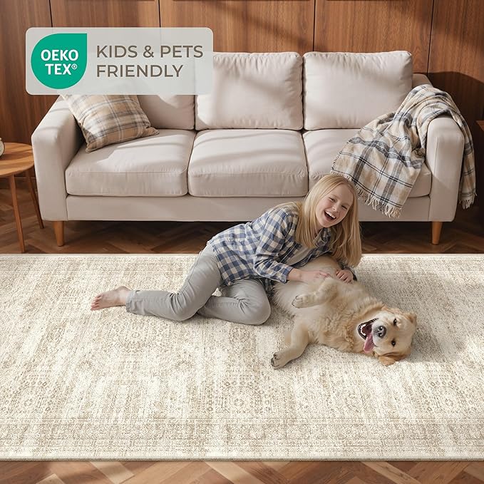 3x18 Washable Runner Rug for Hallway, Non-Slip Long Hallway Runner for Entryway, Soft Vintage Kitchen Mats for Floor, Abstract Dining Room, Bedroom, Living Room Rugs(3'x18', Beige/Ivory)