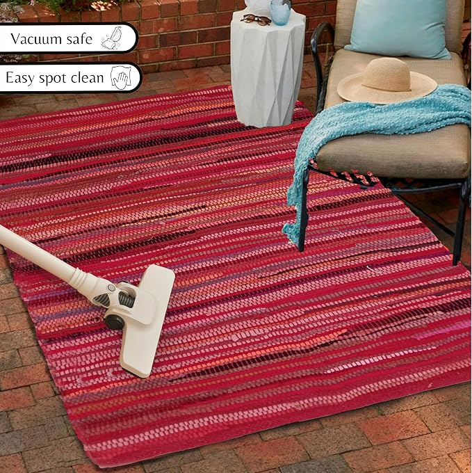 Ramanta Home Hand Woven Cotton Chindi Rug 3'x5' - Red, Braided Recycled 100% Cotton Rug for High Traffic Area, Farmhouse Boho Rugs for Living Room, Kitchen Entryway Bedroom Floor Mat - 36"x60"
