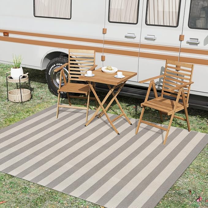 OJIA Outdoor Rug 5'x7' Striped Patio Rug Washable Indoor Outdoor Carpet | Cotton Woven Outside Rug Farmhouse Enrtyway Rug Large Area Rugs for Camping Living Room Bedroom Backyard Gray/White/Tan