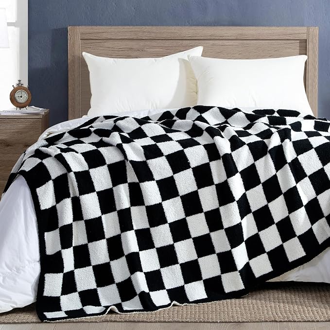 Elegant Comfort Checkered Throw Blanket, Black Super Soft Cozy Fluffy Warm Throw Blankets for Couch, Sofa, Chair, Bed, Camping, Picnic, Travel Lightweight Bed Blanket (50" x 70")
