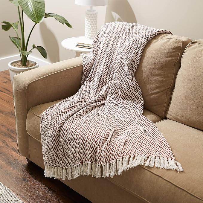 DII Modern Zig Zag Throw Blanket Woven Cotton, Hand-Knotted 2.5" Fringe, 50x60, Cinnamon
