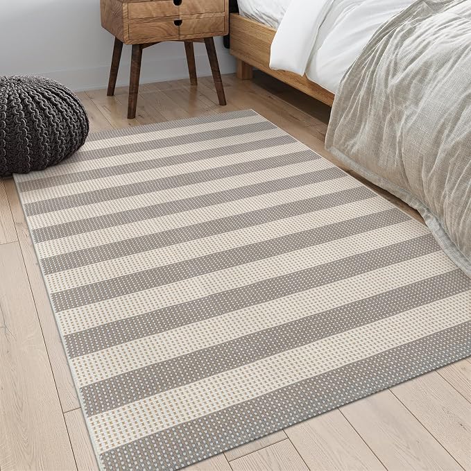 OJIA Outdoor Area Rugs 4'x6' Striped Patio Rug Washable Woven Camping Rug | Cotton Indoor Outdoor Rug Living Room Rug Checkered Rug Floor Carpet for Living Room/Dining Room/Deck/Backyard Gray/White