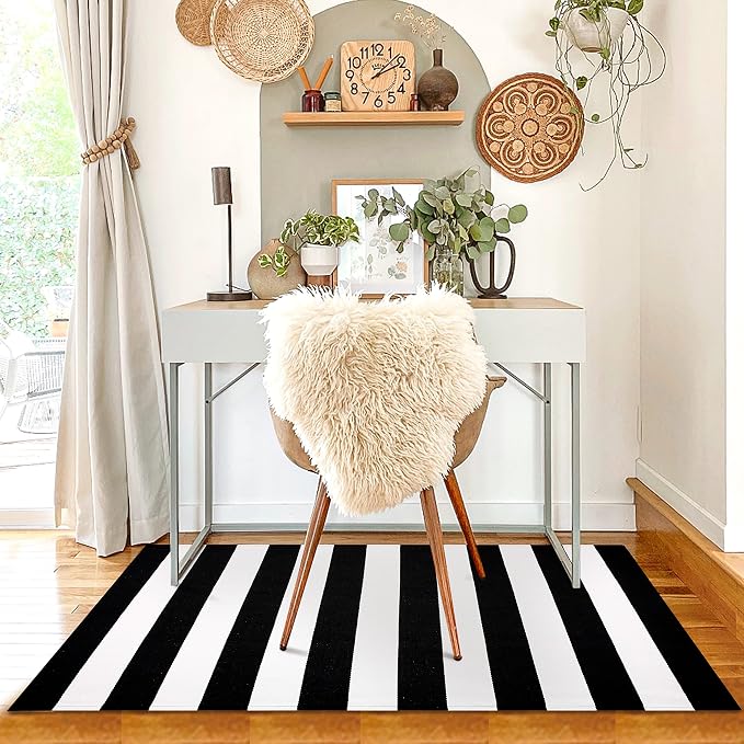 KILOCOCO Black White Striped Rug 3'X5' Front Door Mat Outdoor Washable Rugs | Cotton Layered Doormats, Low Pile Front Porch Rug, Woven Indoor Rug, Welcome Mat for Kitchen Entryway Farmhouse Patio
