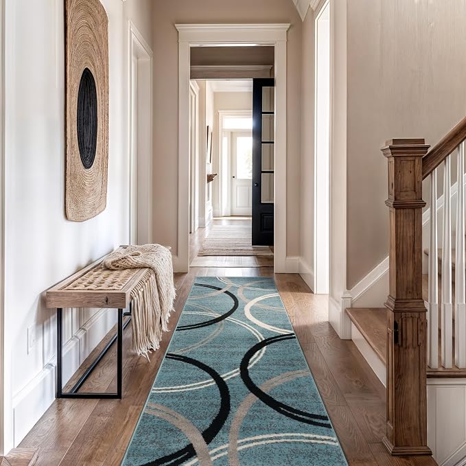 Rugshop Wavy Circles Modern Non-Shedding Runner Rug Blue 2'7" x 12' | Rectangular, Size 2'7" x 12', Living Room, Bedroom, Dining Room, Home Office, Kitchen, Entryway, Hallway, Nursery, Kids Room