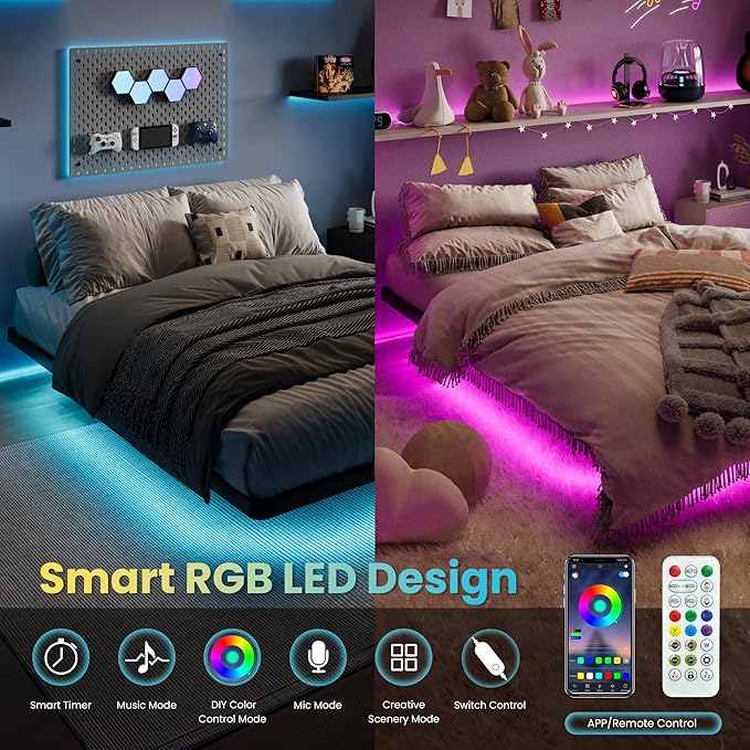 SHA CERLIN Full Size Floating Bed Frame with Smart LED Lights, Black | Modern Design Metal Platform Bed with Power Strip, No Box Spring Needed, Noise-Free, Easy Assembly
