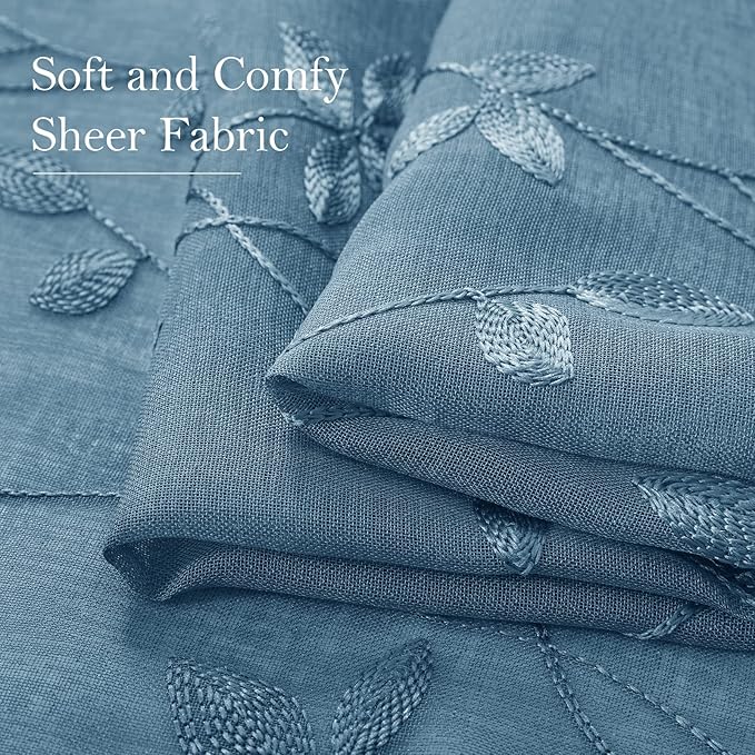 HOMEIDEAS Cyan Blue Sheer Curtains 52 X 96 Inches Length 2 Panels Embroidered - Image 4