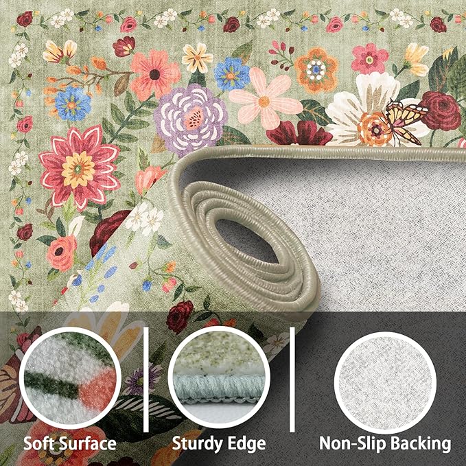 2x4 Entryway Runner Rugs, Non Slip Washable Rugs with Rubber Backing Soft Floral Carpet Runner for Kitchen, Laundry, Bedroom, Bathroom(2 x 4, Green Garden)