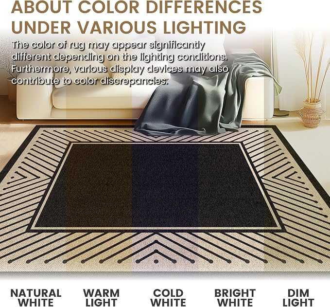 Washable Modern Easy Jute Rug 3x5, Black Outdoor Indoor Patio Striped Neutral Small Bordered Rugs, Woven Non Slip Thin Carpet Mat for Living Bedroom Entryway Front Door Farmhouse Doorway Kids