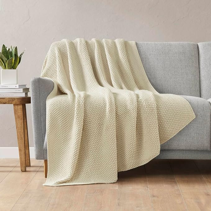 INK+IVY Bree Knit All Season Throw Blanket for Sofa, 50 x 60, Ivory | Ultra Soft, Acrylic, Lightweight, OEKO-TEX Certified