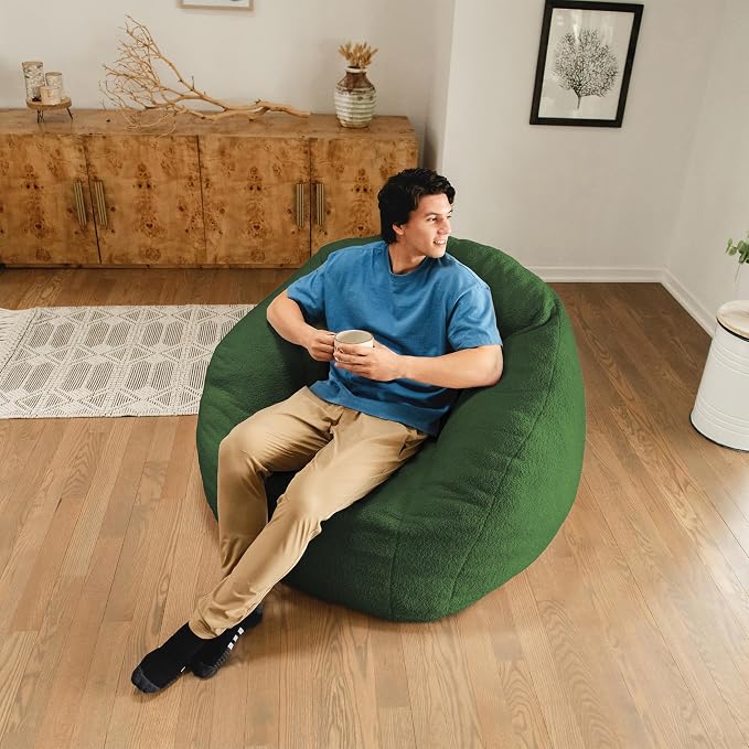Big Joe Cloudberry Bean Bag Chair, Foam-Filled Structured Seat, Teddy Boucle, Matcha Green, Adults