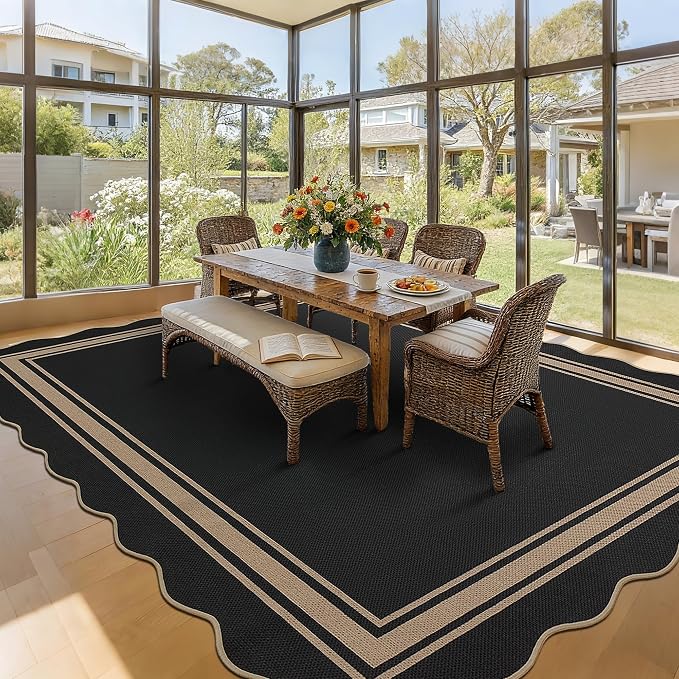 8x10 Scalloped Rug Easy Jute Washable Rug for Living Room Indoor Outdoor Black Geometric Non Slip Carpet for Under Table Neutral Carpet for Backyard Patio Dining Room