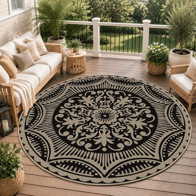 Capslpad Round Faux Jute Rug 6ft Washable Non Slip Area Rugs for Living Room Boho Circle Patio Carpet Low Pile Floral Indoor Outdoor Rug for Backyard Bedroom Kitchen Entryway,Black&Nature