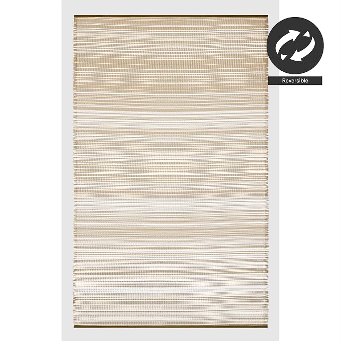 FH Home Outdoor Camping Rug - Waterproof, Fade Resistant, Reversible - Premium Recycled Plastic - Striped - Large Patio, Deck, Sunroom, RV - Havana - Beige - 9 x 12 ft Foldable