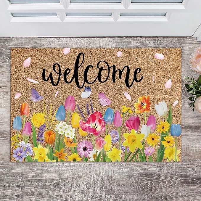 Ceenna Spring Welcome Doormat Outdoor Tulips Flower Coir Doormat Spring Front Door Mat with Non Slip Backing Front Porch Rugs Outdoor Decor for Home Entrance, 16 x 28 Inches