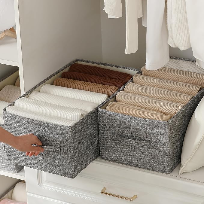 Linen Folding Storage Bins, 3 Pack Large Storage Baskets, Washable, Clothing Storage Bins with Handle, Closet Organizer for Storage Sweater,Sheets(dark grey, 18½"x11" x8½")