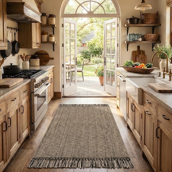 Collive 3' x 5' Indoor Outdoor Rug, Modern Farmhouse Entryway Rug Boho Porch Rugs, Natural/Black Hand-Woven Washable Kitchen Mats Front Door Mat for Patio Bedside Nursery Decor