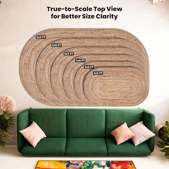 Craft Trade 6x9 Ft Large Oval Jute Rug - Natural Braided & Reversible Area Rug - Eco-Friendly Handwoven Natural Fiber Carpet for Home Interior Decor