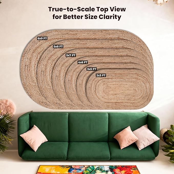Craft Trade Oval Jute Area Rug, 5x8 Feet, Natural Braided Handwoven Floor Carpet, Reversible Large Oval Jute Rug for Living Room, Bedroom and Dining Area