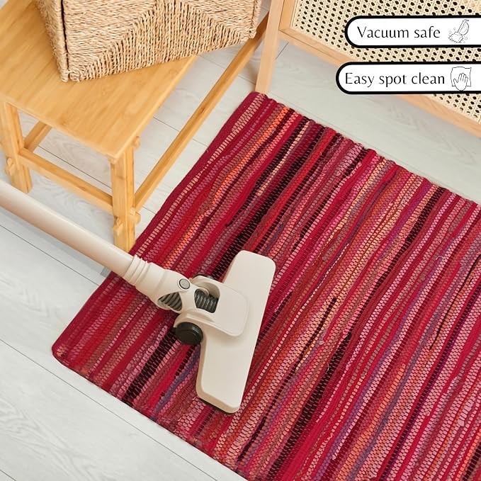 Ramanta Home 100% Cotton Hand Woven Chindi Rag Rug 2'x3' - Red, Recycled Reversible Rug, Boho Rustic Farmhouse Rugs for Living Room, Kitchen, Dinning Room Entryway Floor Mat - 24"x36"