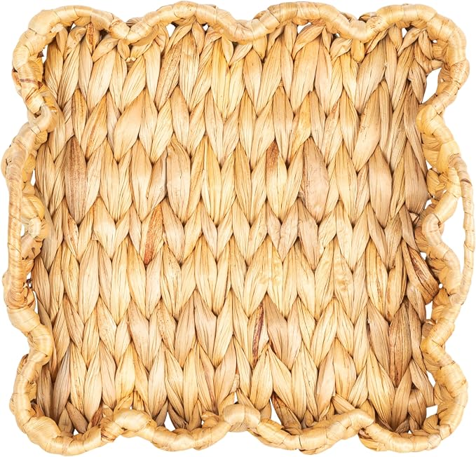 Household Essentials Woven Water Hyacinth Scalloped Square Trays, Set of 2, Natural