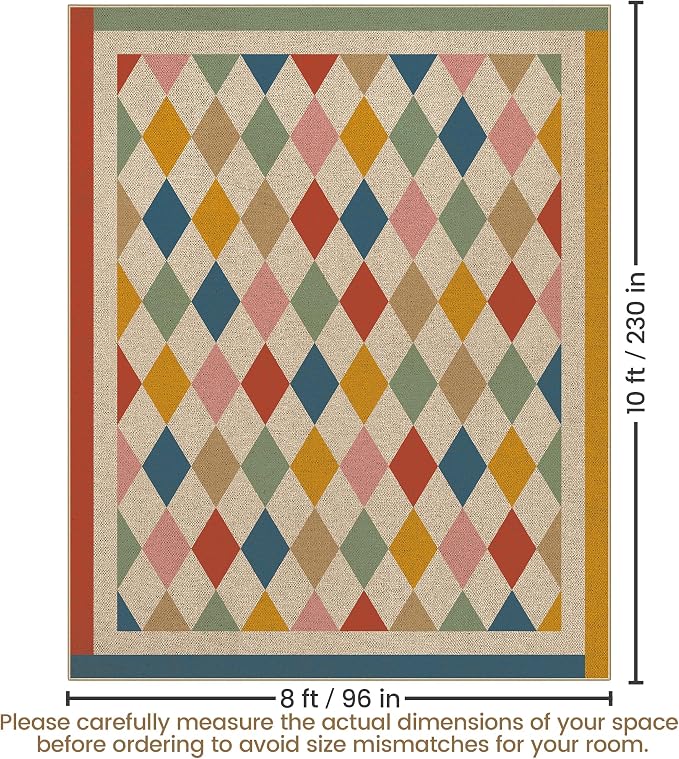 Washable Checkered Easy Jute Rug 8x10, Colorful Checkerboard Geometric Modern Outdoor Indoor Patio Large Rug, Woven Thin Carpet Mat for Living Room Bedroom Classroom Nursery Play Room Backyard