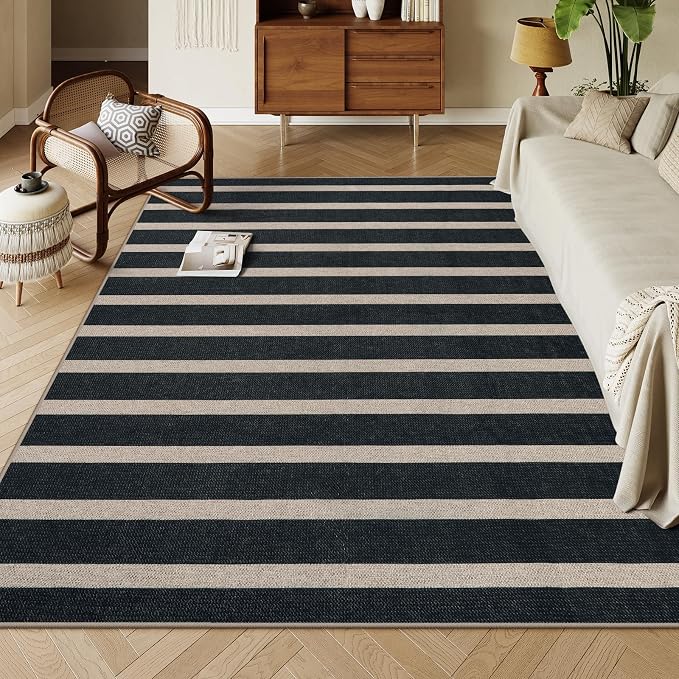 Lahome Striped Easy Jute Living Room Rug, 8x10 Outdoor Patio Rugs Washable | Black Indoor Area Rug, Modern Farmhouse Geometric Non Slip Non Shedding Carpet for Office Backyard Dining Room Sunroom