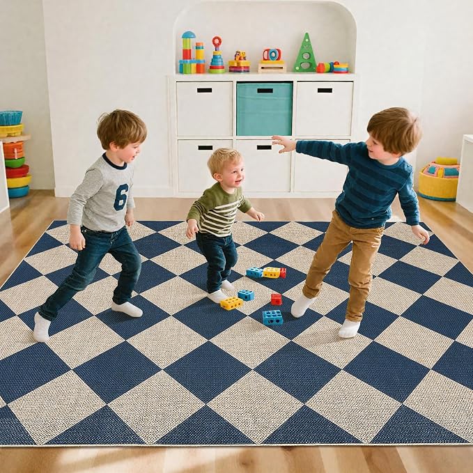 GarveeHome Easy Jute 8x10 Area Rugs for Living Room Checkered Rugs Machine Washable Non-Slip Backing Indoor Outdoor Carpets for Farmhouse Dining Room Nursery Patio Navy Blue