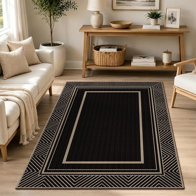 Capslpad Faux Jute 3x5 Area Rug, Geometry Line Patio Rug, Washable Front Porch Rug, Farmhouse Non-Slip Entryway Rugs for Indoor Outdoor, Black Base