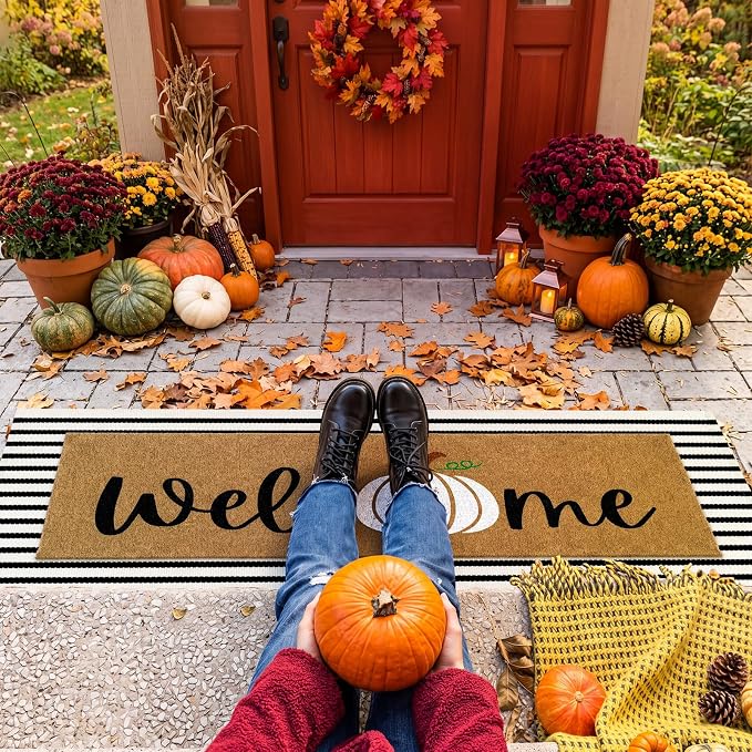 Moucuny 2 Pcs Fall Coir Doormat Set 16"x47" Pumpkin Coir Welcome Mat with 22"x56" Black White Striped Layered Rug, Non-Slip Fall Outdoor Entrance Mats for Thanksgiving Autumn Front Door Porch Decor