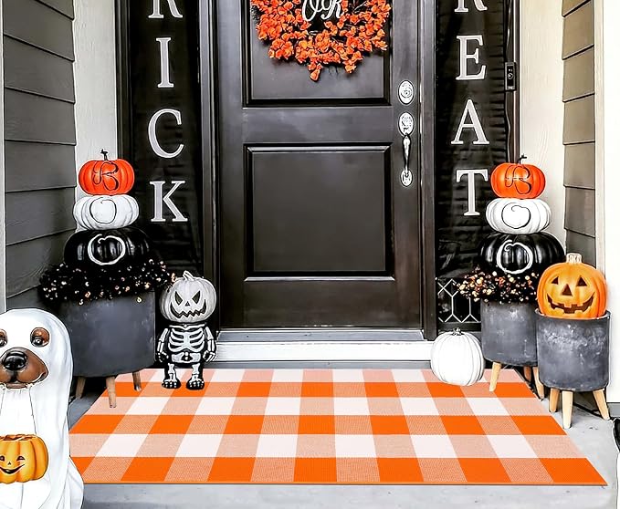 Orange and White Outdoor Rug 24'' x 51'',Halloween Front Porch Rug Fall Cotton Woven Washable Layering Rug for Porch,Entryway,Hallway Indoor Outdoor