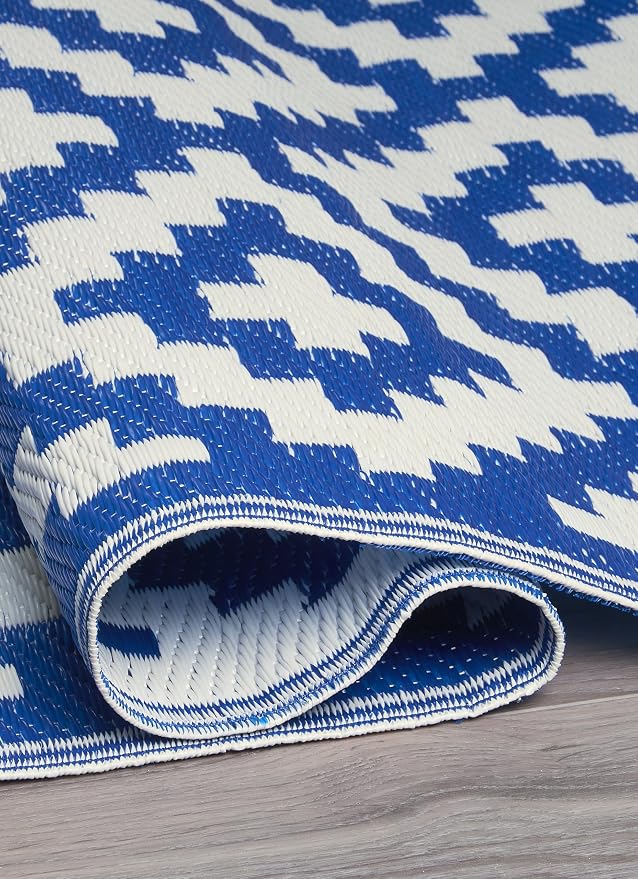 FH Home Outdoor Camping Rug - Waterproof, Fade Resistant, Reversible - Premium Recycled Plastic - Geometric - Large Patio, Deck, Sunroom, RV - Aztec - Blue & White - 9 x 12 ft Foldable