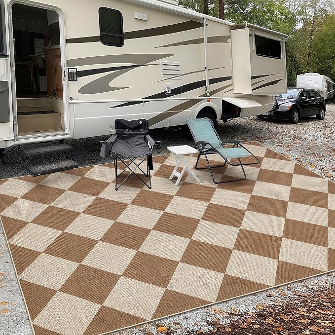 GarveeHome 9x12 Checkered Easy Jute Rugs for Bedroom Machine Washable Large Rugs Non-Slip Backing Modern Neutral Stain Resistance Carpets for Farmhouse Patio Dining Room Backyard Brown