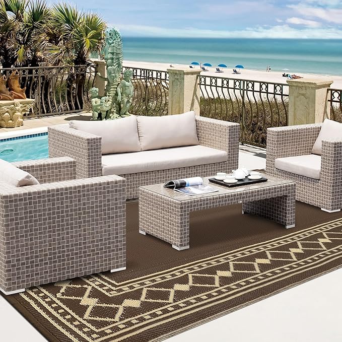 Waterproof Outdoor Rug – 9x12ft Reversible Plastic Straw Patio Carpet, Easy Clean, Non-Slip, Durable – Peony Brown/Coffee – Specification