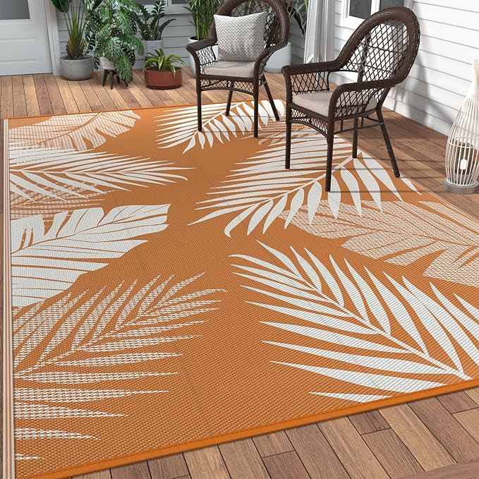 GENIMO Outdoor Rug, Waterproof Plastic Rugs for Patio, 6'x9' Orange White | Outside Larger Leaf Carpet Mat for Porch Decor, Deck, Balcony, Camping, RV, Backyard, Picnic, Beach, Reversible, Foldable