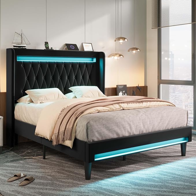 Allewie Full Size Upholstered Bed Frame with LED & Charging Station, Black | Customizable LED lights, charging station, tufted wingback headboard, noise-reducing support, and no box spring needed.