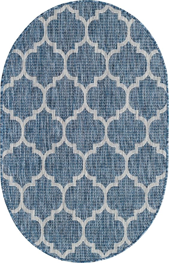 Unique Loom Outdoor Trellis Collection Area Rug (3' 3" x 5' 3" Oval, Navy Blue/ Ivory)