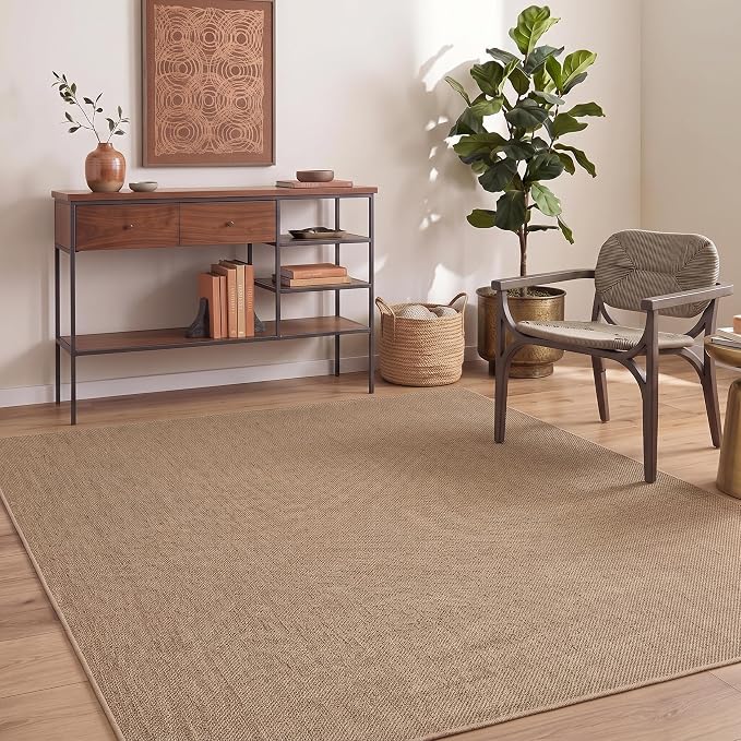 GarveeHome 9x12 Large Area Rug for Living Room Easy Jute Modern Rugs | Non Slip Low Pile Neutral Bordered Solid Tan Dining Room Rugs Washable Carpet for Bedroom Home Office Decor, Jute