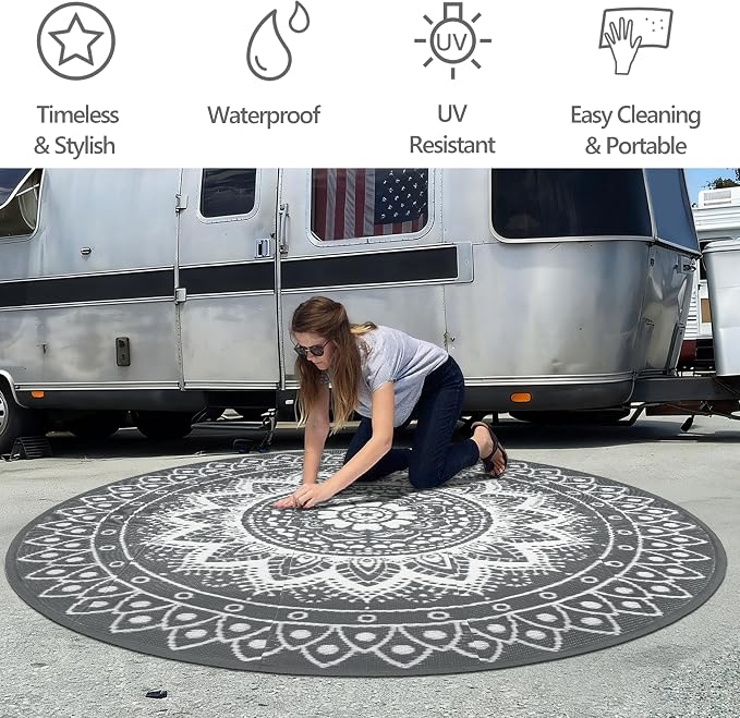 Round Outdoor Rugs for Patios, 6Ft Waterproof Reversible Plastic Straw Mat with Carry Bags, Boho Lightweight Outdoor Carpet Portable Round Floor Mat for Patio Camping Picnic Backyard RV,Grey & White