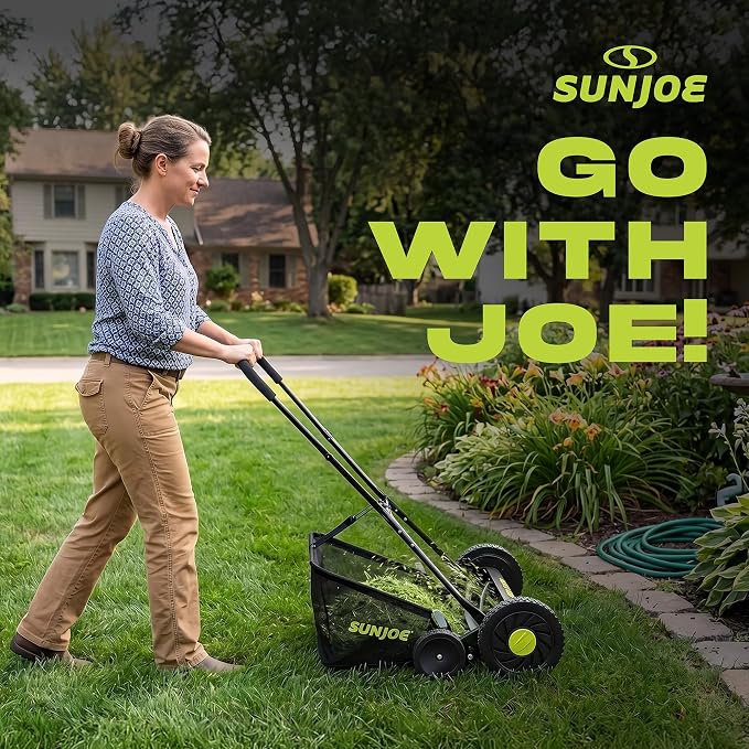 Sun Joe Manual Push Reel Lawn Mower with 8.5-Gal Grass Catcher, 20-Inch Cutting Width - Heavy-Duty Yard Trimmer Machine for Gardening Care and Maintenance, MJ502M