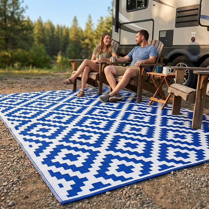 FH Home Outdoor Camping Rug - Waterproof, Fade Resistant, Reversible - Premium Recycled Plastic - Geometric - Large Patio, Deck, Sunroom, RV - Aztec - Blue & White - 9 x 12 ft Foldable