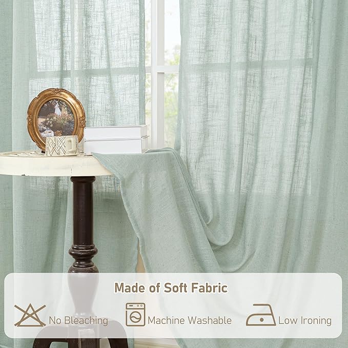 LAMIT Semi Sheer Linen Curtains 54 Inch Length 2 Panels, Light Sage Light Filtering Panels Back Tab and Rod Pocket Neutral Drapes for Kitchen/Window/Dining Room, 52 x 54 Inch