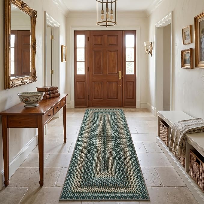 Garvee Runner Rug 2x6 Easy Jute Hallway Runner Rug Washable Non Slip Indoor Outdoor Rugs for Patio Entryway Ultra-Thin Non-Shedding Floor Mat for Laundry Bathroom Bedroom Backyard Porch Green/Camel