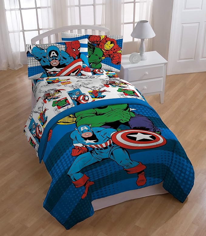 Jay Franco Kids Sheet Set with Fitted, Flat Sheets & Pillow Cover - Ultra-Soft Bedding with Pillowcase for Room Decor, White - Avengers, 3 Piece Twin