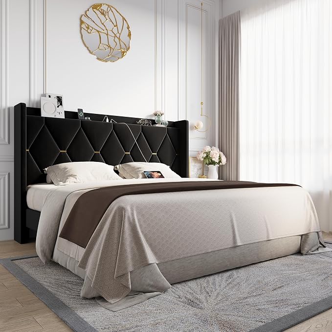 Allewie King Size Bed Frame with Storage Headboard & Charging Station | Diamond Tufted Design & Gold Trim, Velvet Upholstered Platform Bed, No Box Spring Needed, Easy Assembly, Noise-Free, Black